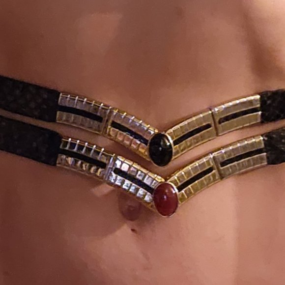 Vintage 70s 80s Judith Leiber Black Snakeskin Expandable Belt Gold Buckle - Picture 12 of 14